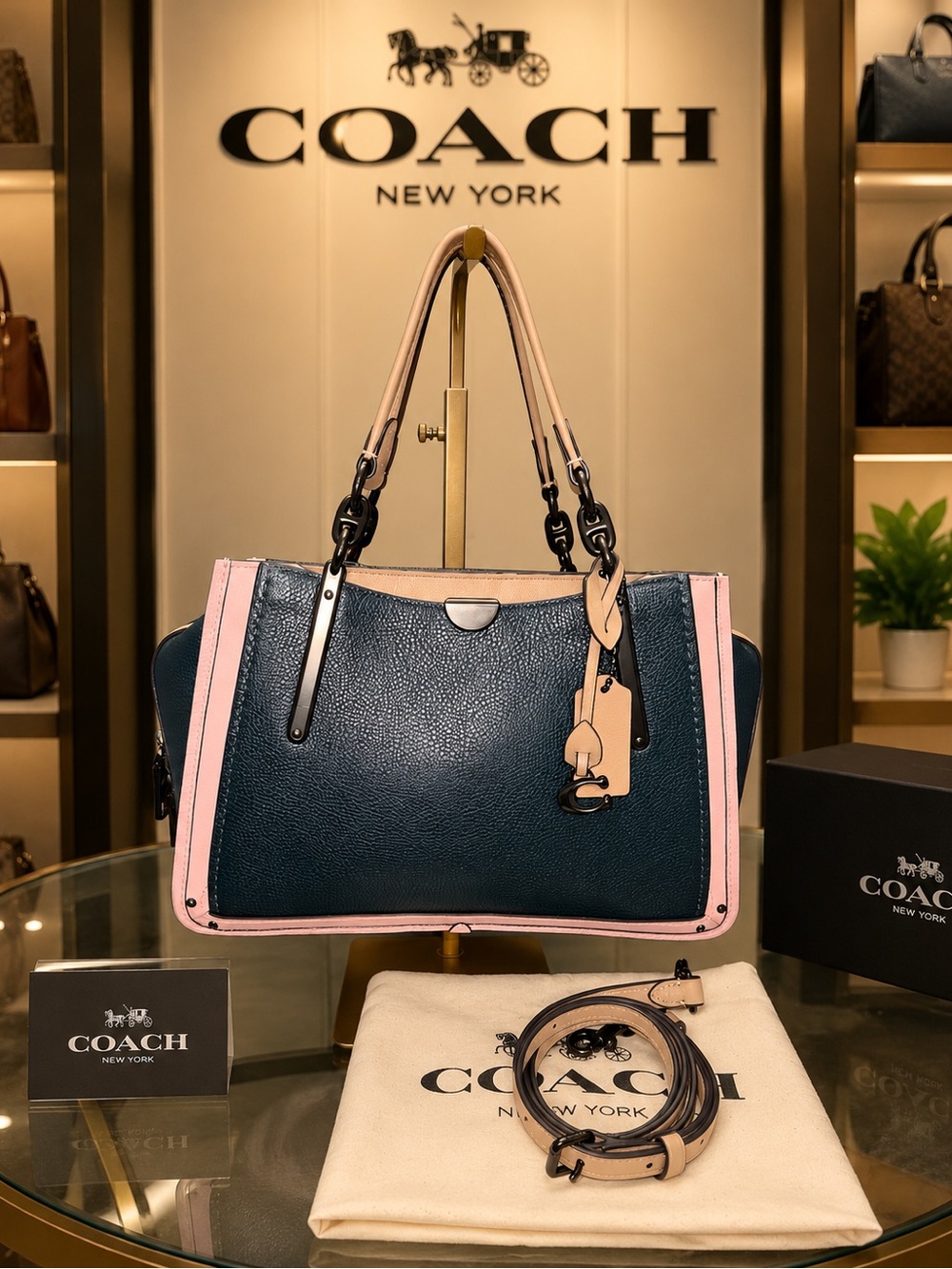 COACH Dreamer Pebbled Leather Tote Bag in Dark Teal with Pink Trim